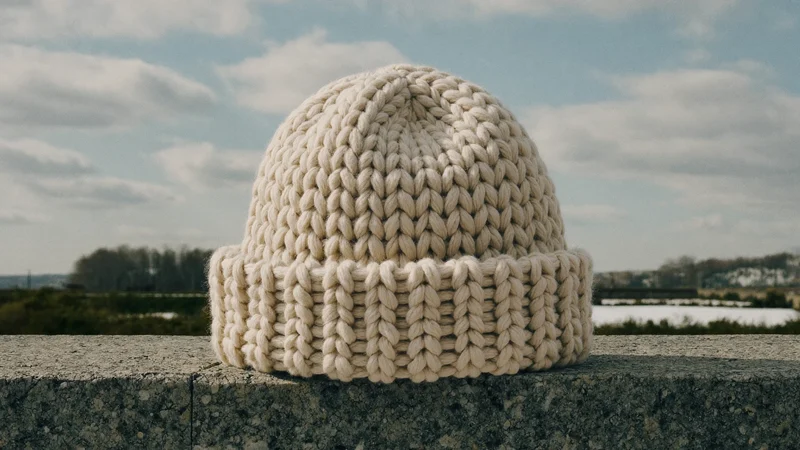 Grob gestrickte Mütze in Haferflockenton auf einer Steinkante